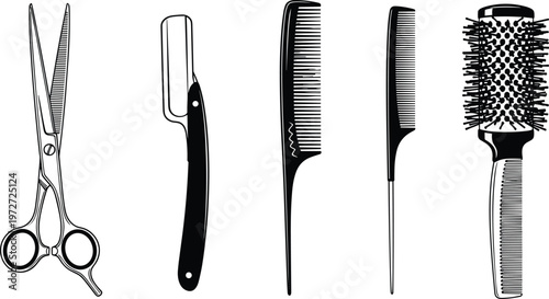 Hairdressing, tools, scissors, combs, brush, razor, barber, salon, styling, grooming, professional, equipment, haircut, beauty, illustration, vector, set, haircare, accessories, collection