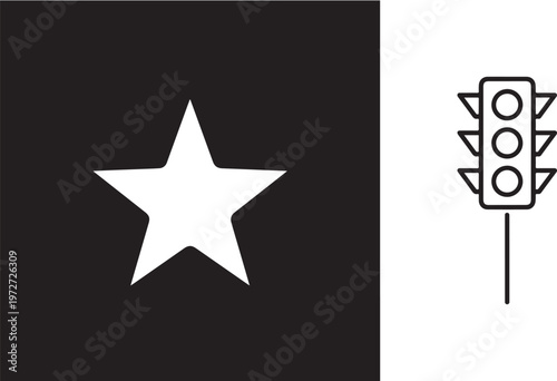 A minimalist vector set featuring a solid white five-point star centered on a black square background, alongside a simple linear outline of a traffic light on a pole.