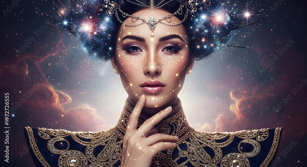 Fototapeta premium Fantasy goddess with facial constellations and stars in space portrait