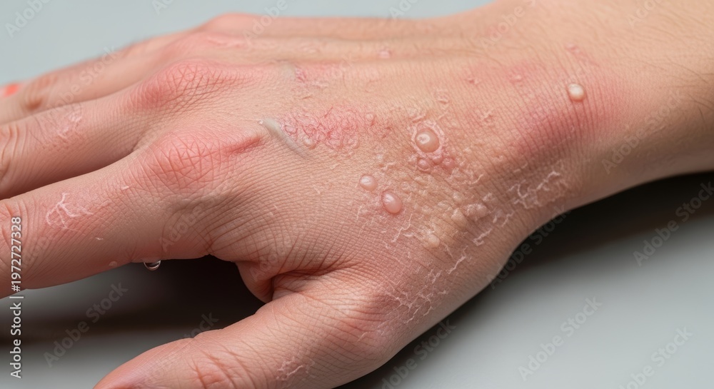Fototapeta premium Close-up of a hand with dry, flaky, and irritated skin, showing small blisters and inflammation on the knuckles and back of the hand