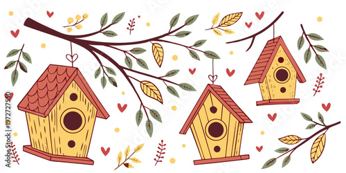 Colorful Birdhouses Hanging from Tree Branch with Leaves and Hearts