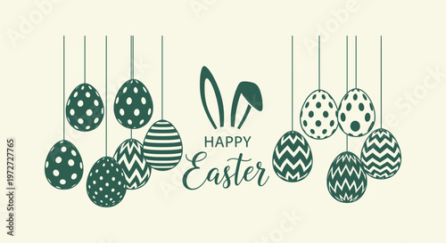 Happy Easter greeting banner with hanging decorated eggs and bunny ears in minimalist vector style