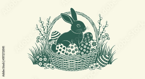 Vintage Style Easter Rabbit Sitting in a Basket with Patterned Eggs and Spring Flowers Illustration