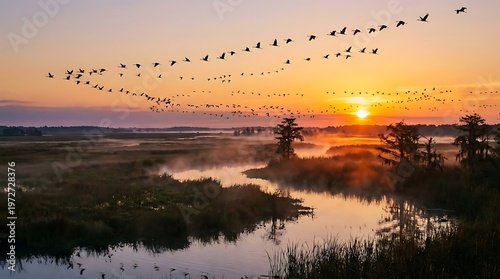 Birds crossing golden sunrise over wetlands landscape