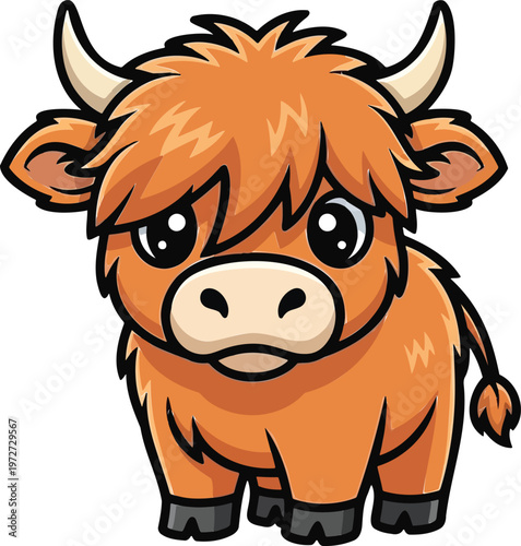 Cute Highland Cow Calf Cartoon Mascot Vector Isolated on White