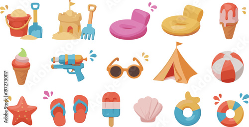 Set of Summer Beach Vacation Icons Including Ice Cream, Sunglasses, Tent, Water Gun, Sand Toys, Flip Flops, and Pool Floats