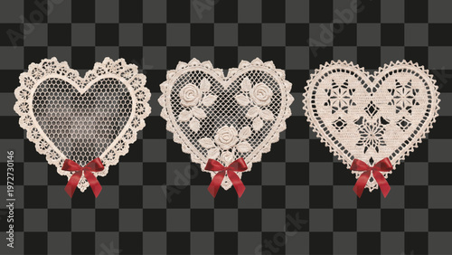 heart shaped crocheted lace doilies with red bows isolated on transparent background handmade decorative element