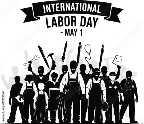 International Labor Day Illustration with Diverse Workers Silhouettes, May 1st Concept