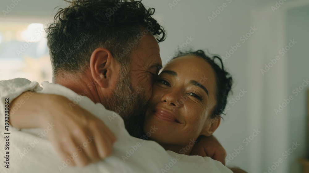 Fototapeta premium Emotional Moment: Man and Woman Hugging in a Room