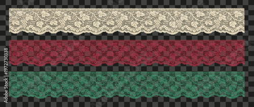 Three decorative lace borders with grape vine pattern isolated on transparent background vintage floral trim