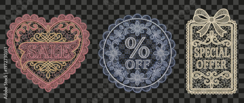 Lace design tags sale special offer percent off isolated on transparent background vintage elegant frame elements