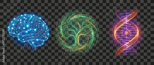 Brain tree DNA glowing abstract concepts isolated on transparent background digital science nature technology illustration