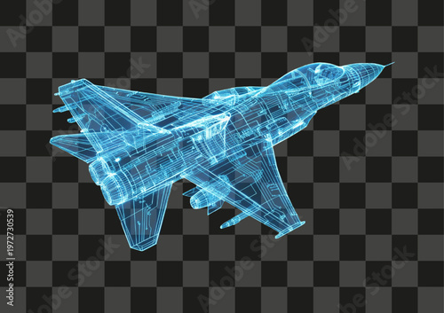 Blue glowing fighter jet wireframe isolated on transparent background futuristic aircraft blueprint