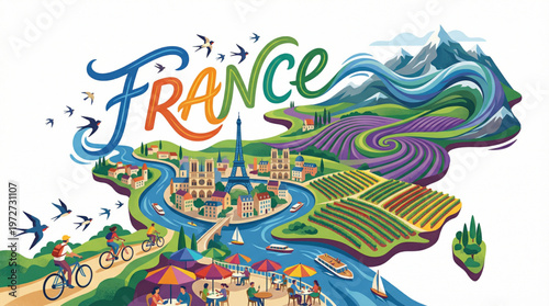 Artistic France Travel Map Illustration with Paris Landmarks and Provence Landscapes