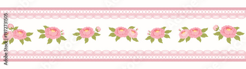 Shabby Chic Peony Border Banner for Romantic Packaging, Stationery and Decorative Design