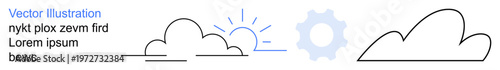 Weather forecasting, technology integration, renewable energy, process automation, climate concepts, organizational workflow. Minimal clouds, sun rays and gear in simple lines. Weather forecasting