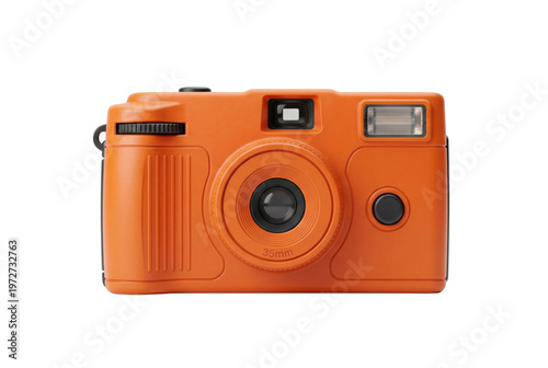 Orange 35mm compact film camera isolated. Vintage photography concept.