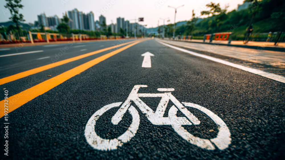 Obraz premium Urban bike lane with fresh road markings and directional arrow on smooth asphalt under early morning light in city setting