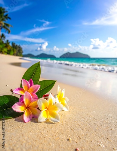 Tropical beach scene with colorful flowers in the foreground, white sand, and turquoise water under a blue sky