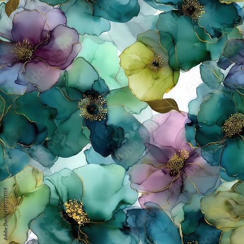 Seamless alcohol ink floral pattern with dark teal, lime green, and purple flowers and gold veins.