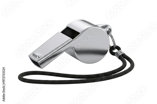 Konstfotografi Silver metal whistle with black cord side view isolated