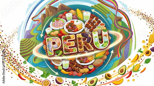Artistic Peru Gastronomy Collage with Traditional Dishes and Andean Landscapes