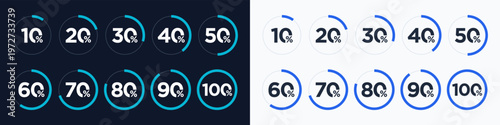 Circle progress bar percentage indicators from 10 to 100 percent. Light and dark mode infographic loading status. Radial statistic charts and data visualization for UI dashboards. Vector illustration.