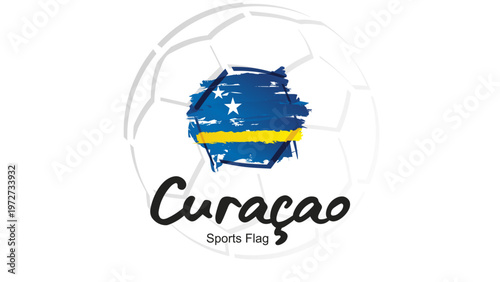 Abstract soccer ball sport icon label banner with Curacao national flag ribbon handwritten typography lettering