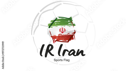 Abstract soccer ball sport icon label banner with Iran national flag ribbon handwritten typography lettering