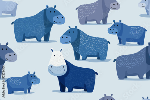 Cute hippopotamus isolated on blue background seamless pattern