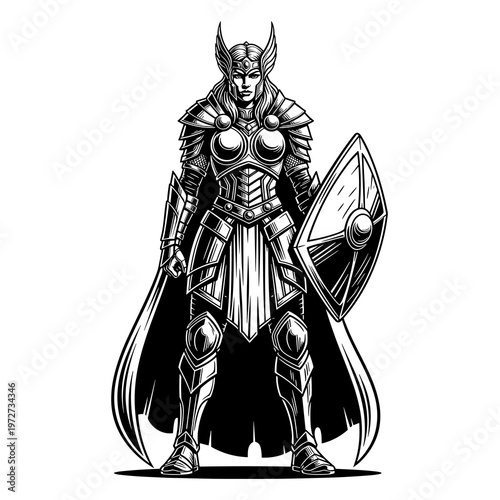 Valkyrie Warrior Vector Illustration, Norse Female Knight with Shield, Fantasy Armor Line Art Isolated on White Background