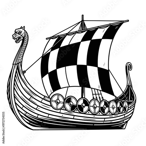 Viking Longship Vector Illustration, Norse Dragon Boat with Sail, Ancient Ship Line Art Isolated on White Background