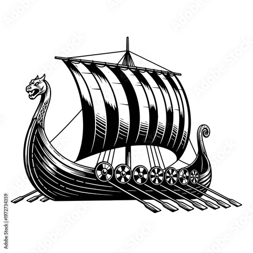 Viking Longship Vector Illustration, Norse Dragon Boat with Sail, Ancient Ship Line Art Isolated on White Background