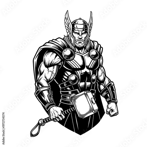 Norse God Thor Vector Illustration, Mythological Warrior with Hammer Mjolnir, Viking Superhero Line Art Isolated on White Background