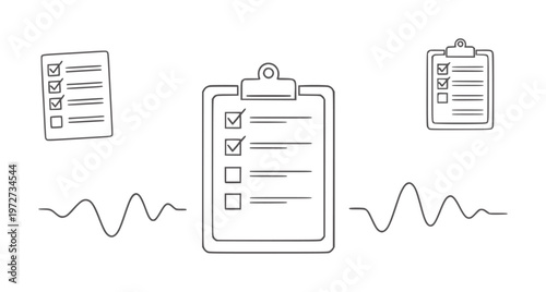 Black and white checklist clipboards with soundwave checkmarks boxes paper
