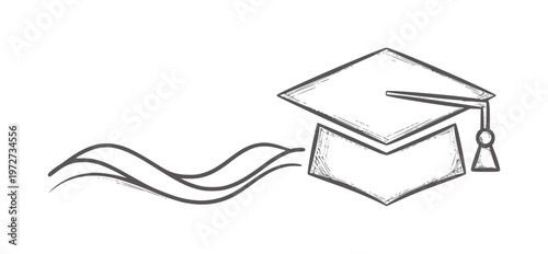 Black and white line graduation cap with wavy lines mortarboard tassel