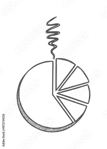 Black and white line of a pie chart with a curly whisk