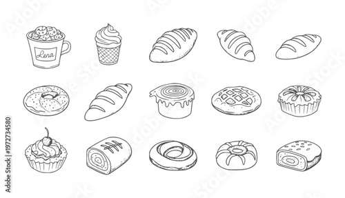 Black and white line of assorted bakery and desserts collection