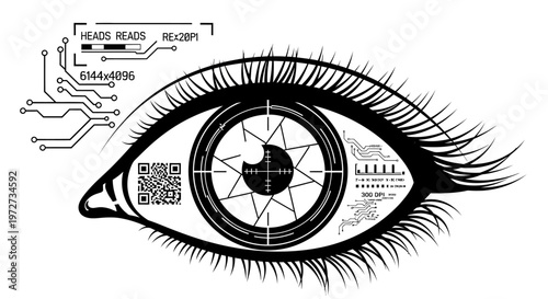 Cybernetic eye with integrated microchip and qr code overlay isolated on transparent background, isolated on white background, Vector