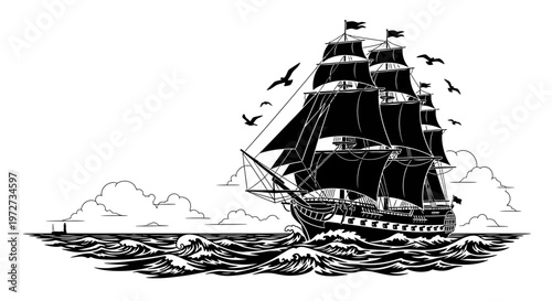 Elegant vintage sailing ship on calm ocean waters under a clear sky isolated on transparent background, isolated on white background, Vector