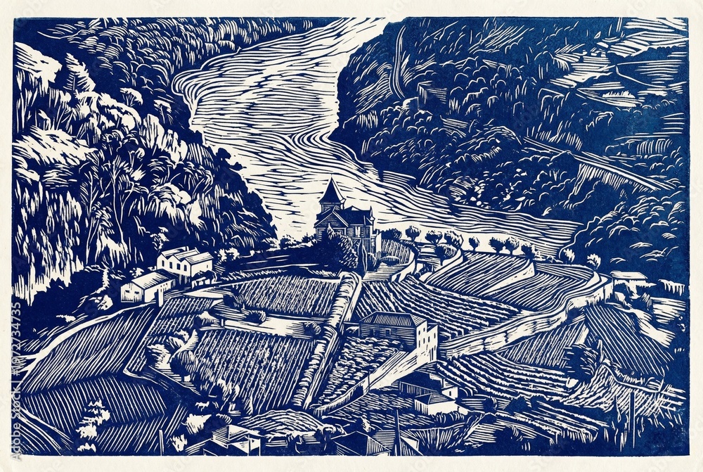 Fototapeta premium Two-color linocut of Douro Valley (Vale do Douro) vineyards and river. Traditional estate (Quinta) on terraced hills in Portugal.