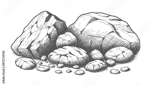 Hand drawn of various sized rocks and pebbles a white stones monochrome black