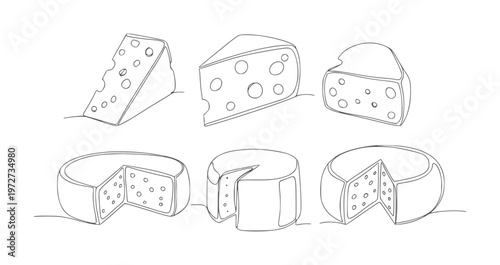 Six cheese wedges and wheels with holes in simple line food dairy white