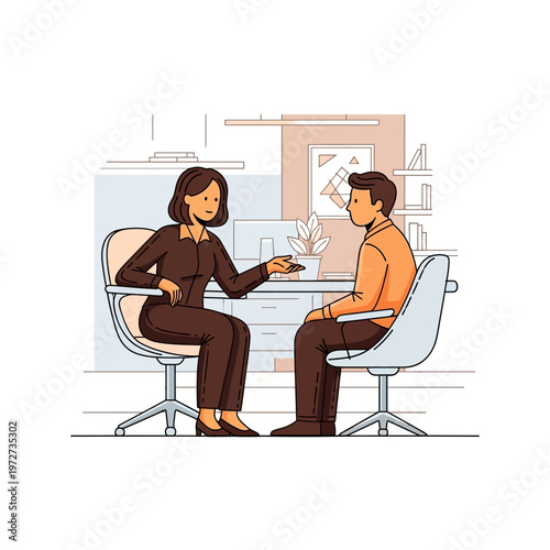 A woman in a brown suit is interviewing a man in an orange shirt in an office setting.