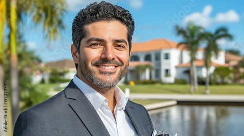 Real estate agent standing in front of a luxurious house, ready to sell