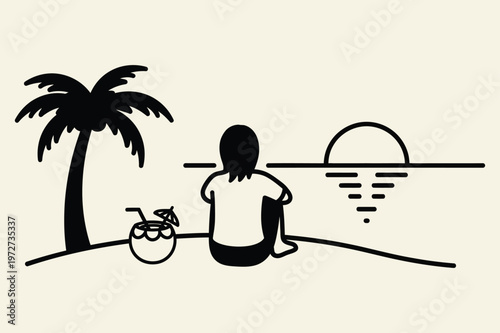 Person Sitting on Beach Watching Sunset Minimal Line Art Vector