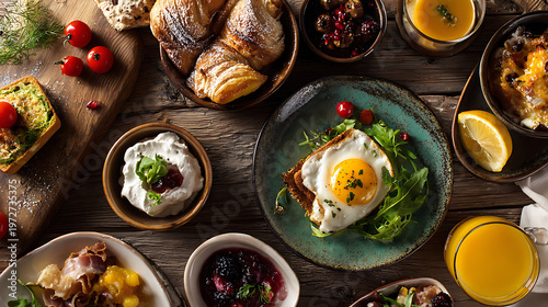 Flat lay breakfast spread with fresh pastries, eggs, fruits, and beverages on rustic wooden table