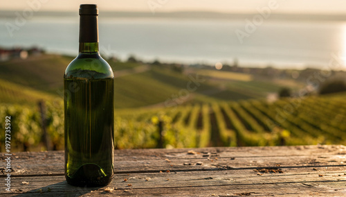 Realistic White Wine Bottle with Capsule, Elegant Label-Ready Bottle Outdoors in Vineyard