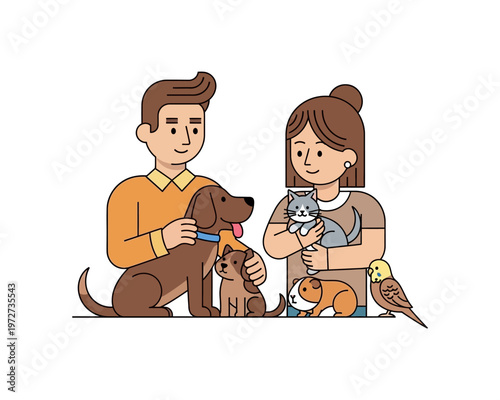 A man and woman happily interacting with their diverse collection of beloved pets, including dogs, a cat, a guinea pig, and a bird.