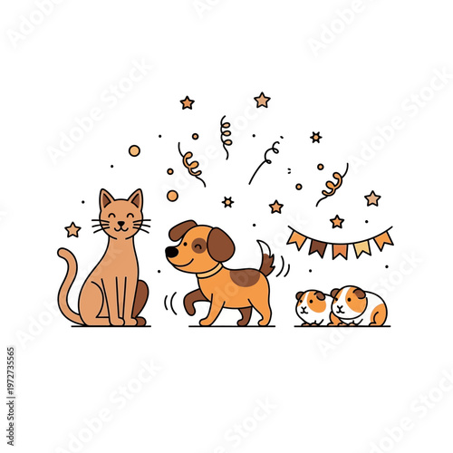 A cute cartoon illustration of a cat, a dog, and two guinea pigs celebrating with confetti, stars, and a banner.